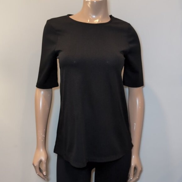 3/$20 Reitmans Tie Waist Blouse Short Sleeve Black Crew Neck Top Size Small - Picture 7 of 11